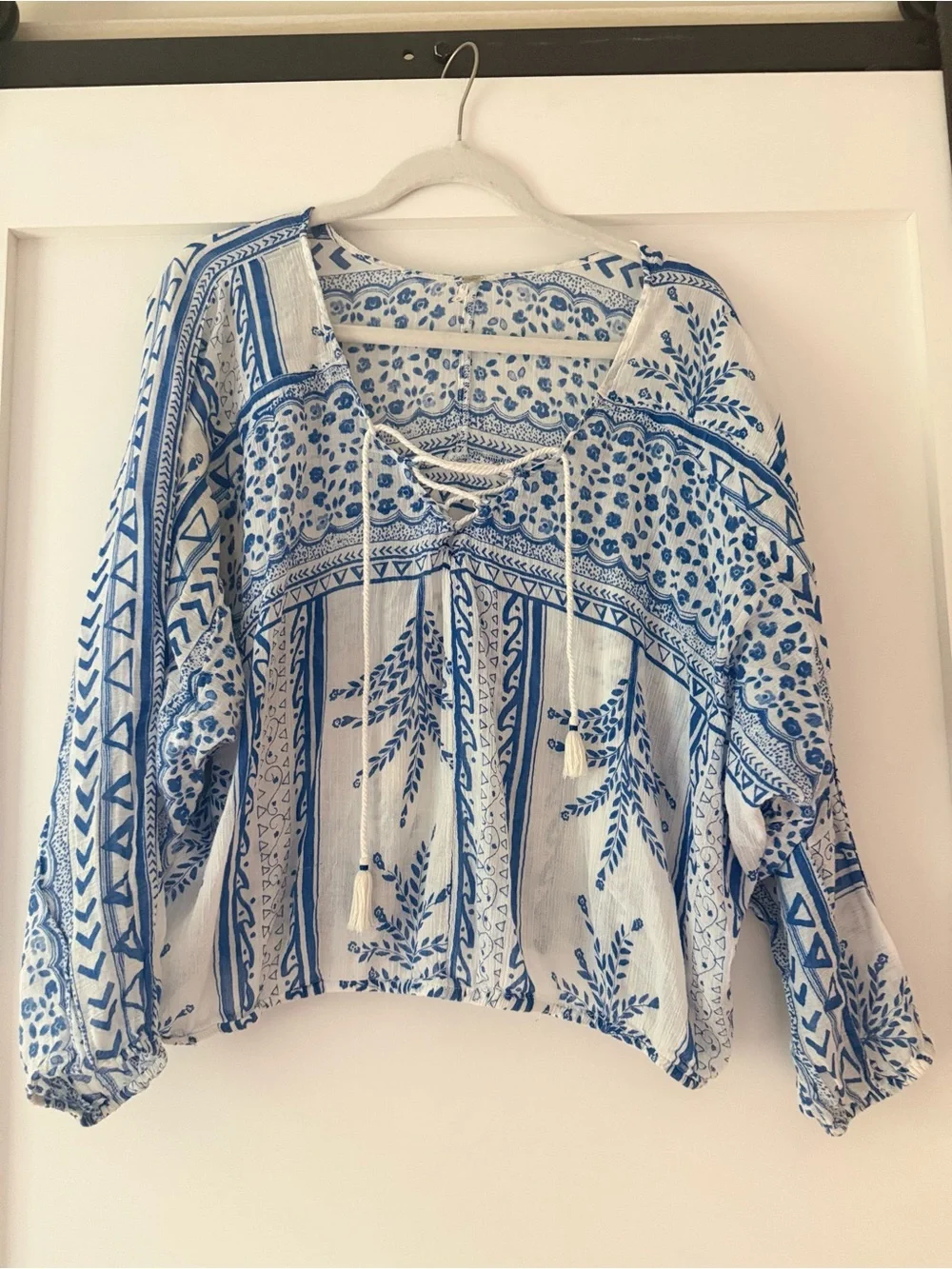 Free People Blue and White Lace-Up Printed Tunic